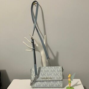 Michael Kors Light Blue Monogram Leather Crossbody Bag and Removable Strap.